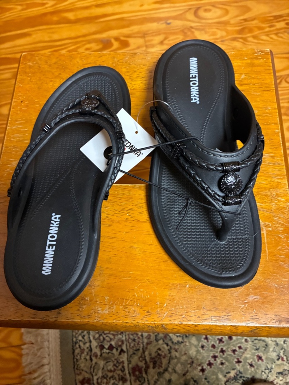 Minnetonka Black Braided Thong Sandals